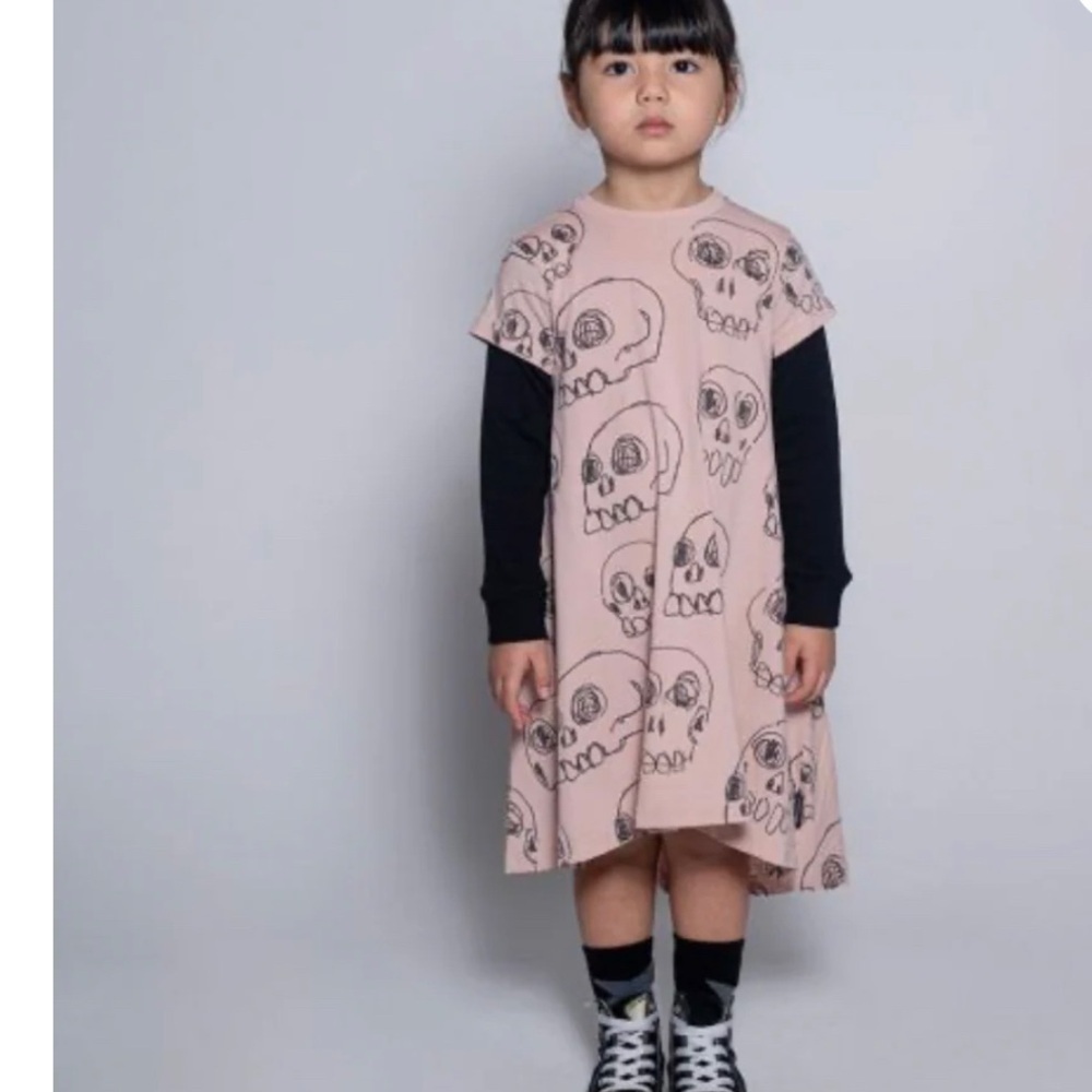 Nununu Pink Skull Print Dress with Black Sleeves